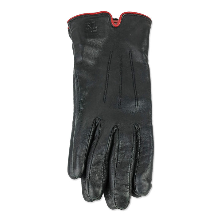 Lauren Ralph Lauren Black Leather Red Trim Lined Gloves