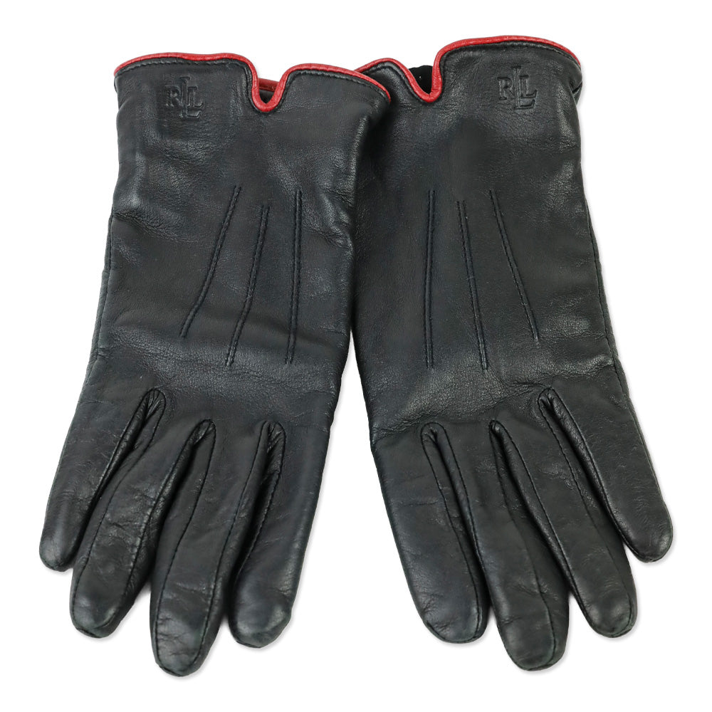 Lauren Ralph Lauren Black Leather Red Trim Lined Gloves