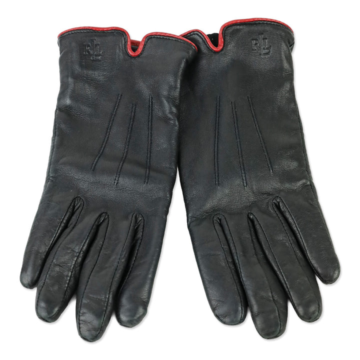 Lauren Ralph Lauren Black Leather Red Trim Lined Gloves