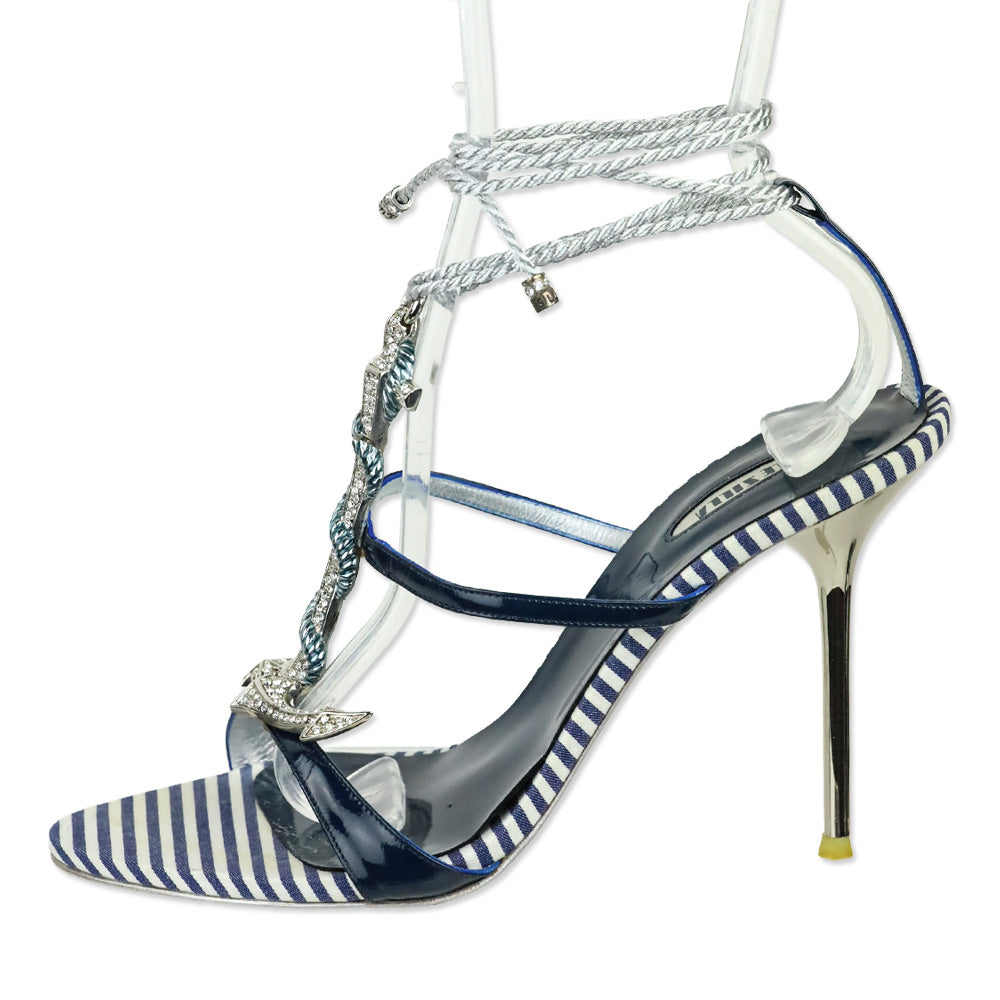 Le Silla Blue/White Striped Crystal Anchor Wrap Sandal