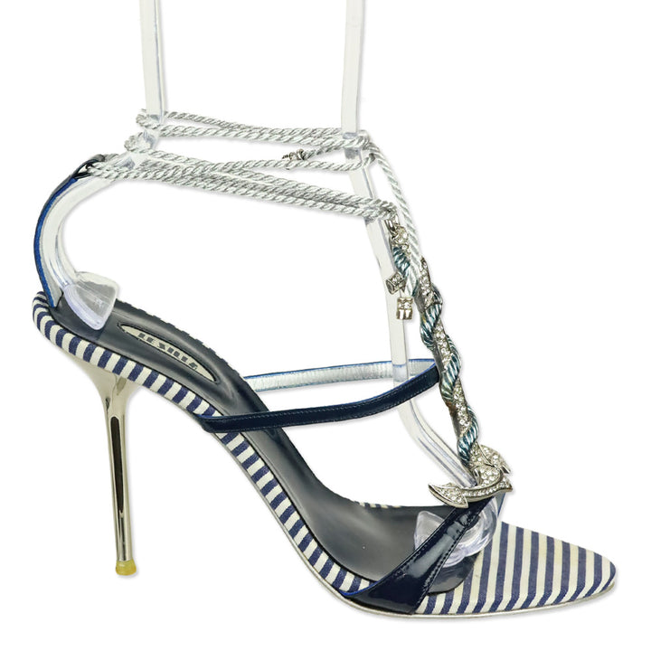 Le Silla Blue/White Striped Crystal Anchor Wrap Sandal