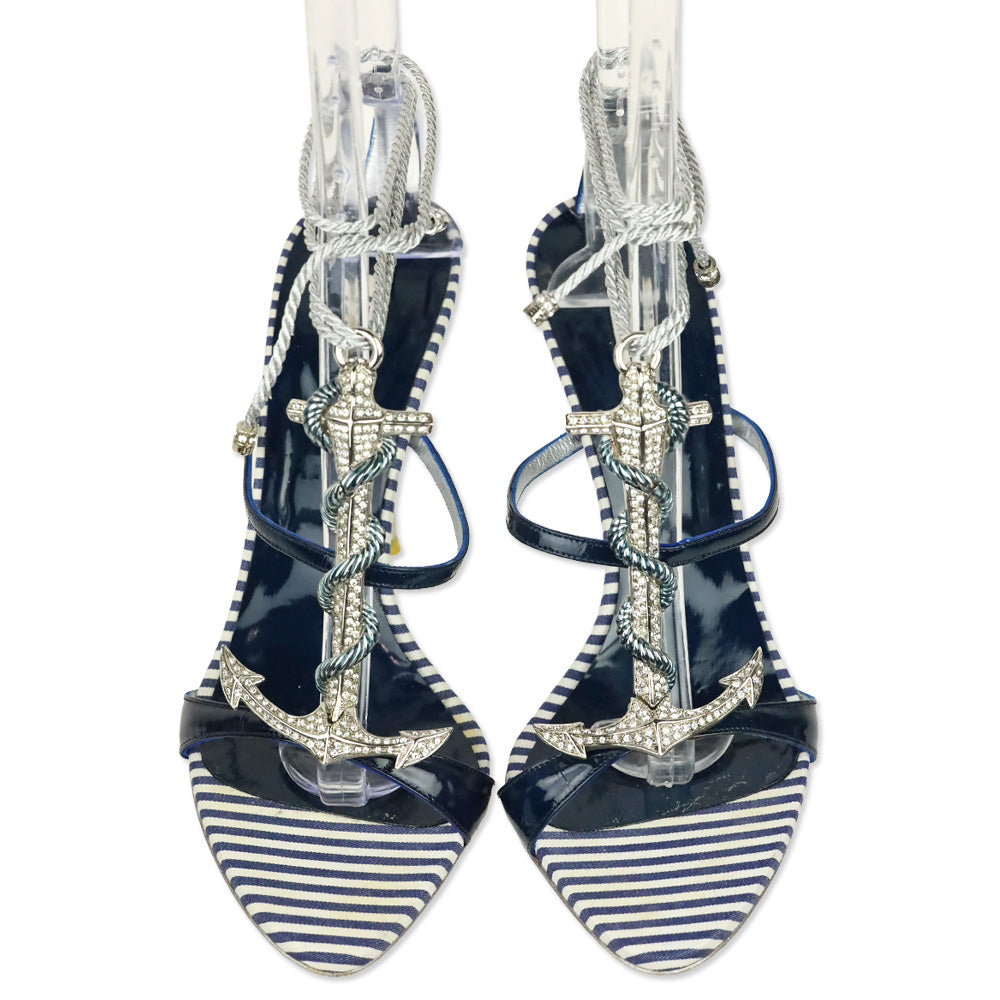 Le Silla Blue/White Striped Crystal Anchor Wrap Sandal