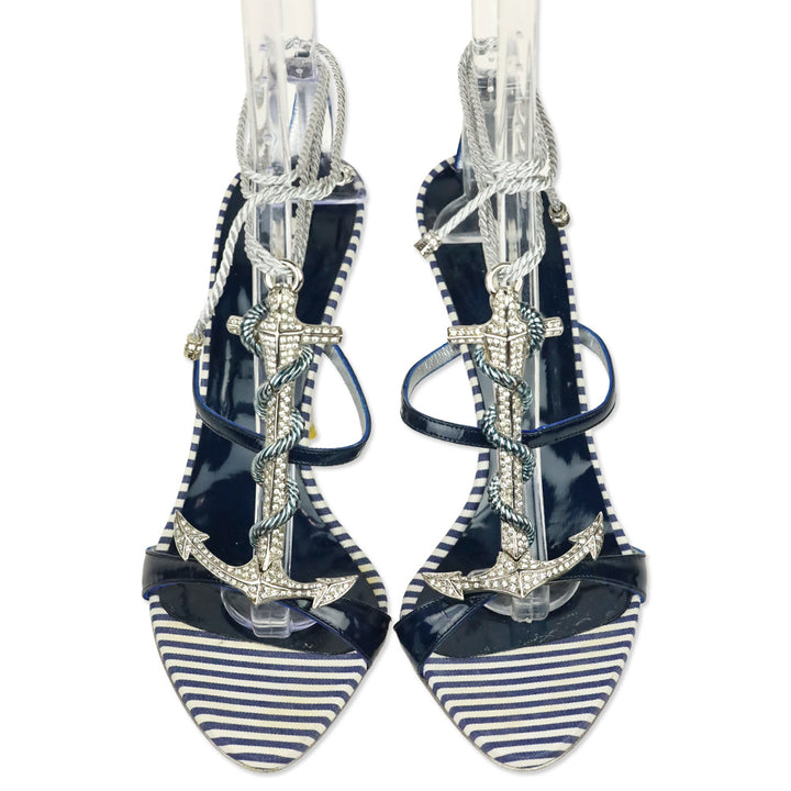 Le Silla Blue/White Striped Crystal Anchor Wrap Sandal