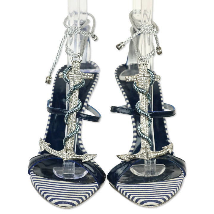 Le Silla Blue/White Striped Crystal Anchor Wrap Sandal