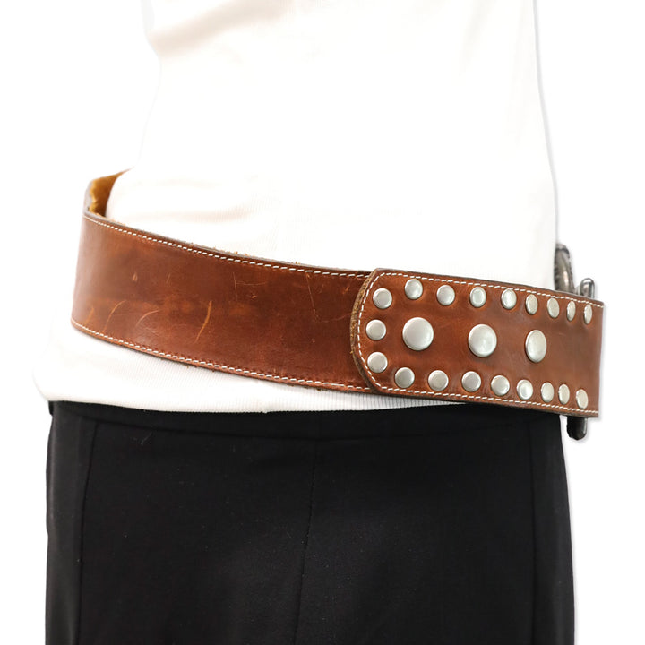 Leatherock Inc. Brown Studded Leather Belt with Gunmetal O Ring