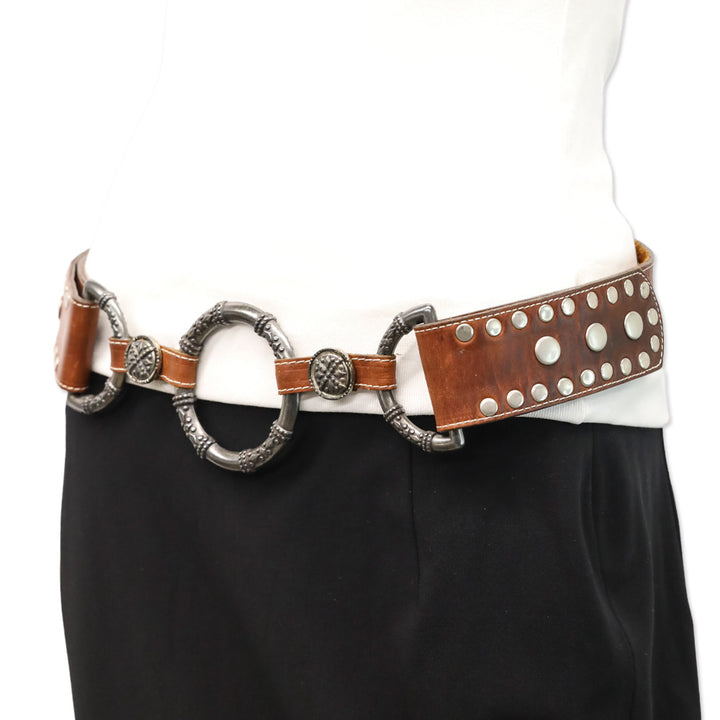 Leatherock Inc. Brown Studded Leather Belt with Gunmetal O Ring
