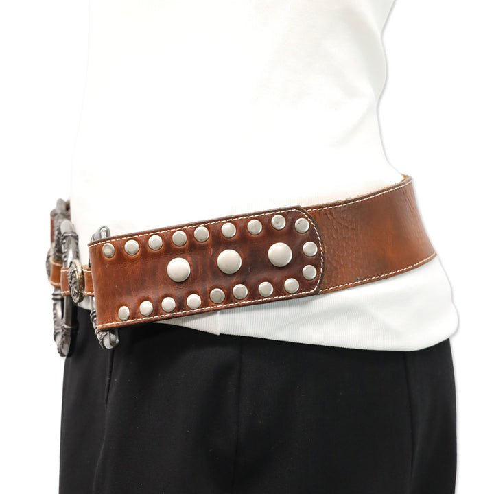 Leatherock Inc. Brown Studded Leather Belt with Gunmetal O Ring