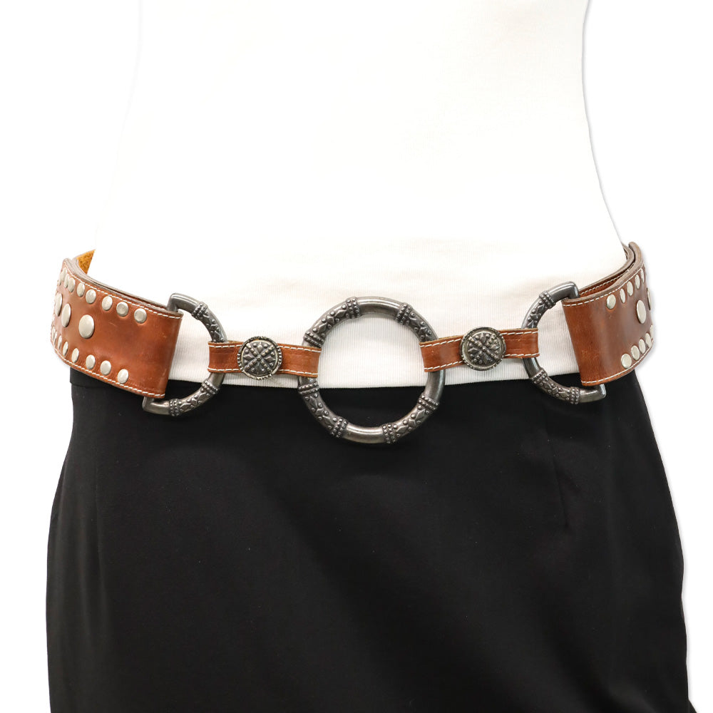 Leatherock Inc. Brown Studded Leather Belt with Gunmetal O Ring