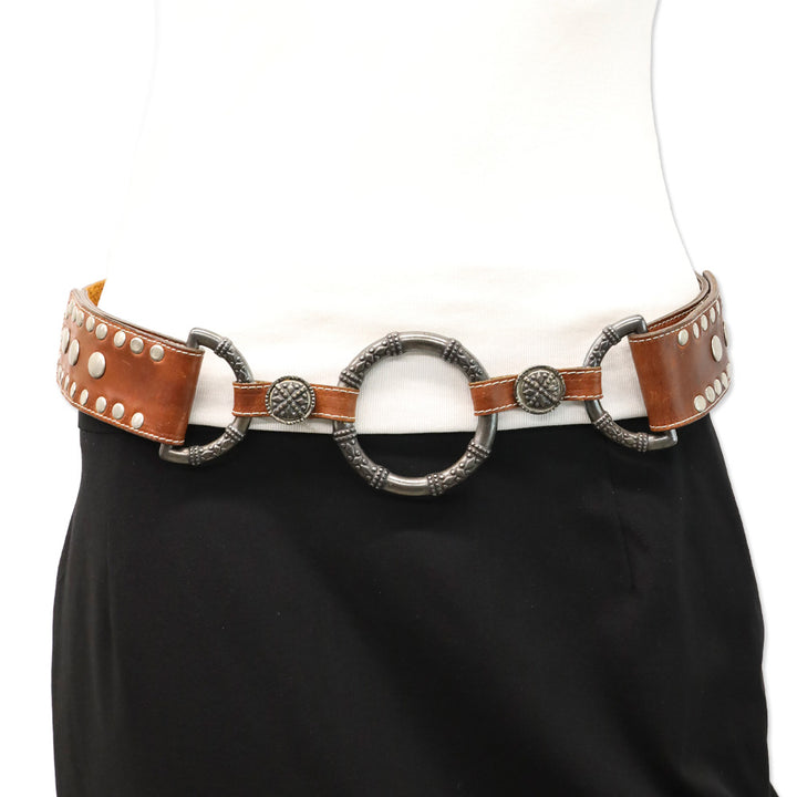 Leatherock Inc. Brown Studded Leather Belt with Gunmetal O Ring