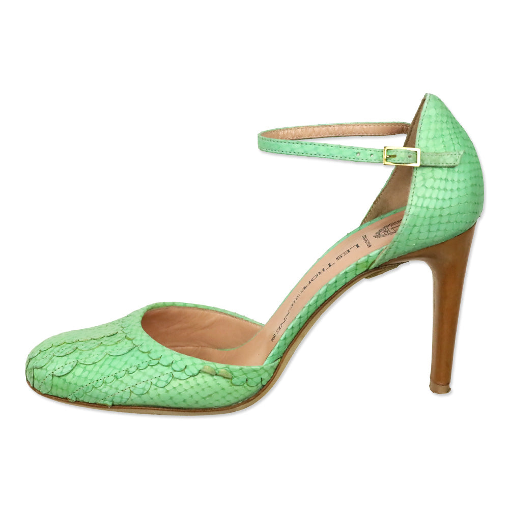 Les Tropeziennes Teal Snakeskin Embossed Scalloped Leather D'Orsay Ankle-Strap Pumps