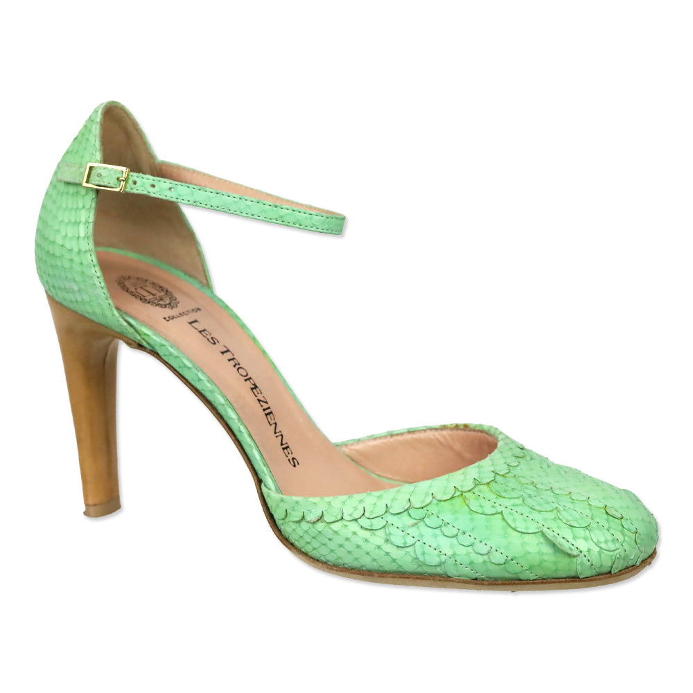 Les Tropeziennes Teal Snakeskin Embossed Scalloped Leather D'Orsay Ankle-Strap Pumps