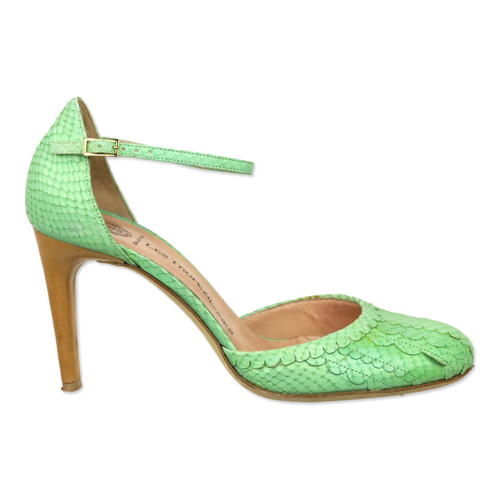 Les Tropeziennes Teal Snakeskin Embossed Scalloped Leather D'Orsay Ankle-Strap Pumps