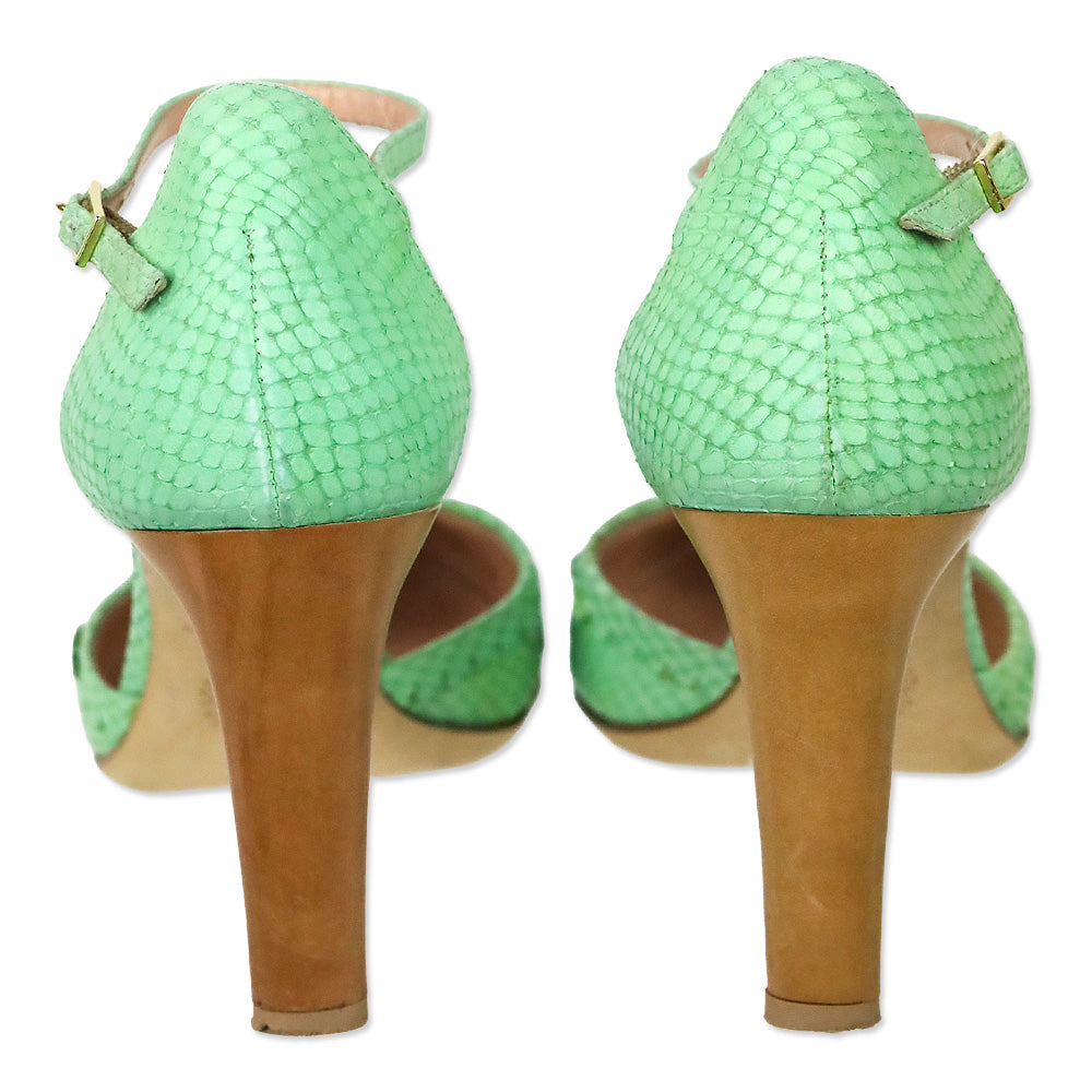 Les Tropeziennes Teal Snakeskin Embossed Scalloped Leather D'Orsay Ankle-Strap Pumps