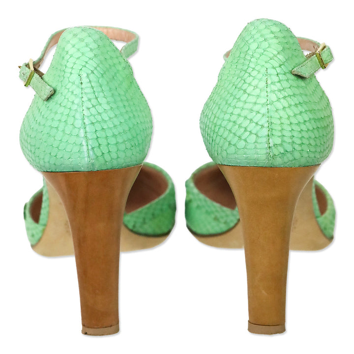 Les Tropeziennes Teal Snakeskin Embossed Scalloped Leather D'Orsay Ankle-Strap Pumps