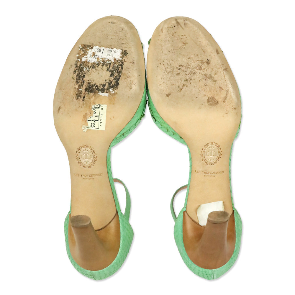 Les Tropeziennes Teal Snakeskin Embossed Scalloped Leather D'Orsay Ankle-Strap Pumps