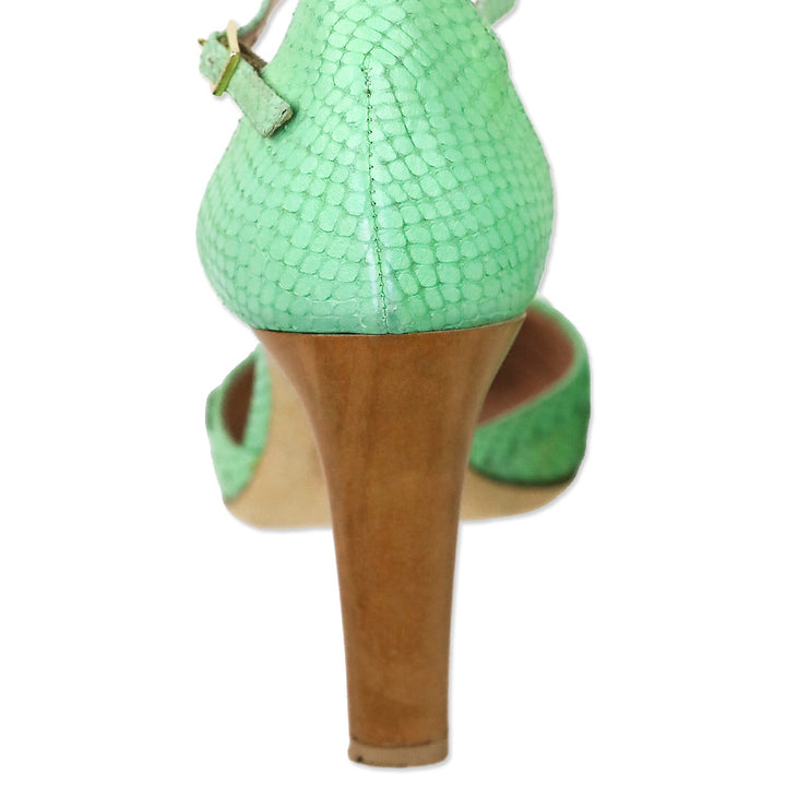 Les Tropeziennes Teal Snakeskin Embossed Scalloped Leather D'Orsay Ankle-Strap Pumps