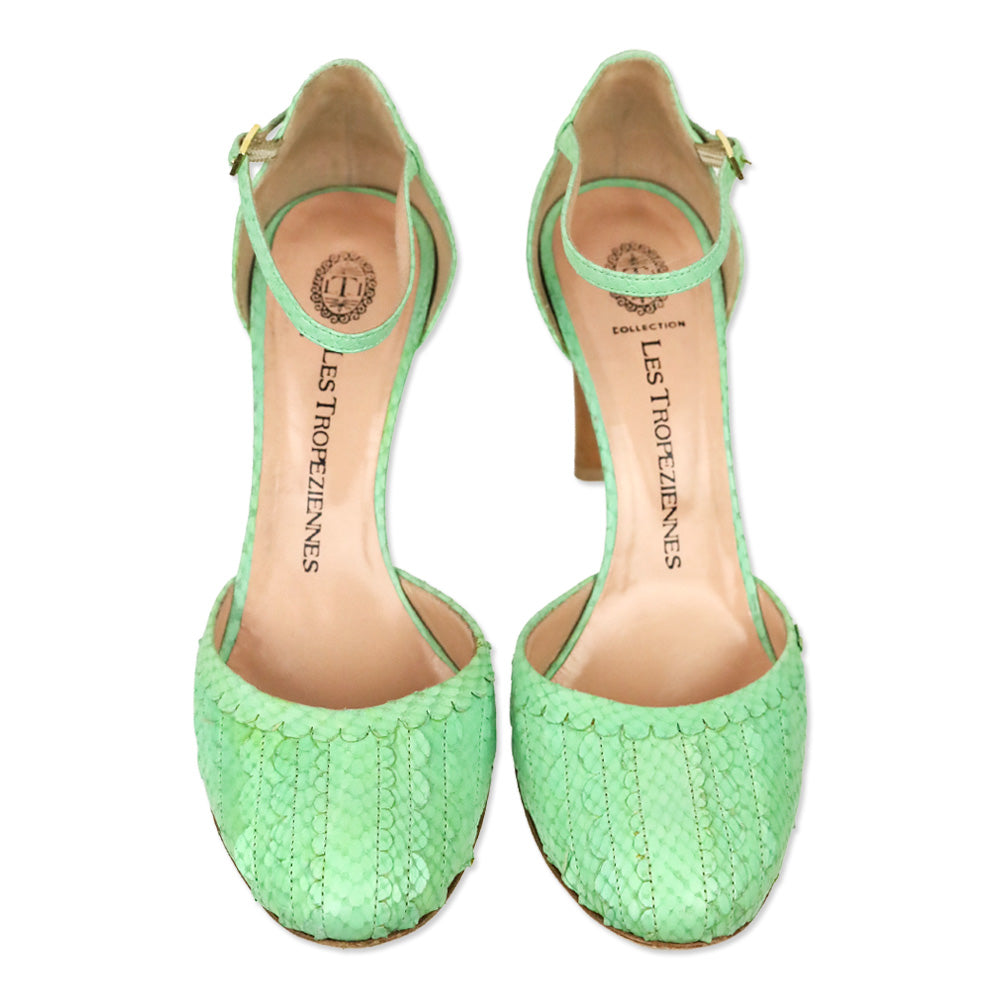 Les Tropeziennes Teal Snakeskin Embossed Scalloped Leather D'Orsay Ankle-Strap Pumps