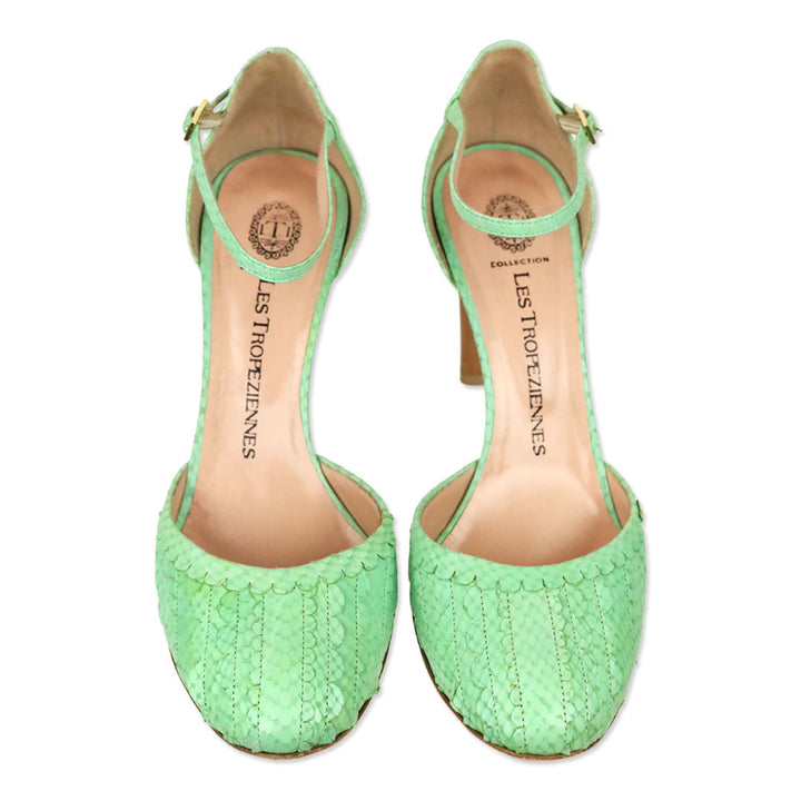 Les Tropeziennes Teal Snakeskin Embossed Scalloped Leather D'Orsay Ankle-Strap Pumps