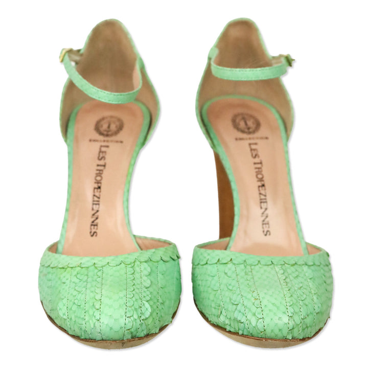 Les Tropeziennes Teal Snakeskin Embossed Scalloped Leather D'Orsay Ankle-Strap Pumps