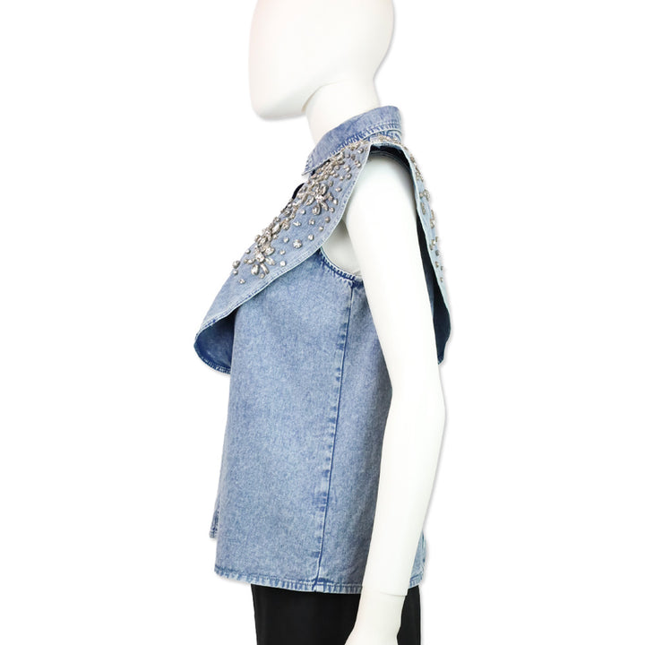Let Me Be Crystal Embellished Denim Flutter Sleeve Top