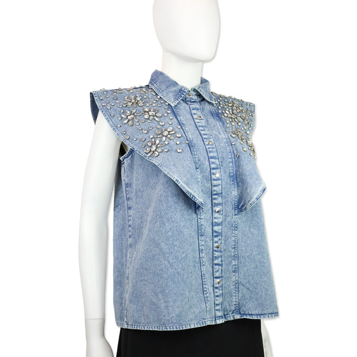 Let Me Be Crystal Embellished Denim Flutter Sleeve Top
