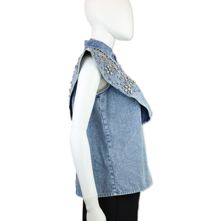 Let Me Be Crystal Embellished Denim Flutter Sleeve Top
