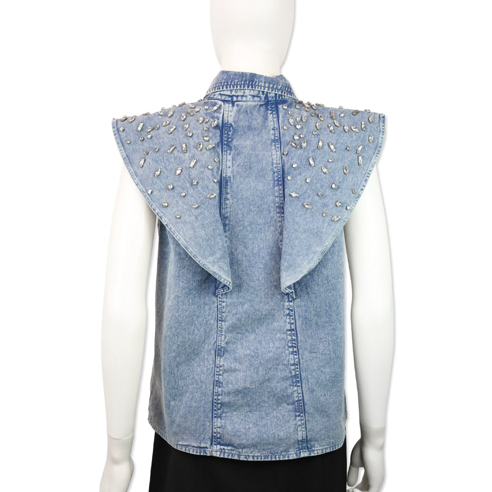 Let Me Be Crystal Embellished Denim Flutter Sleeve Top