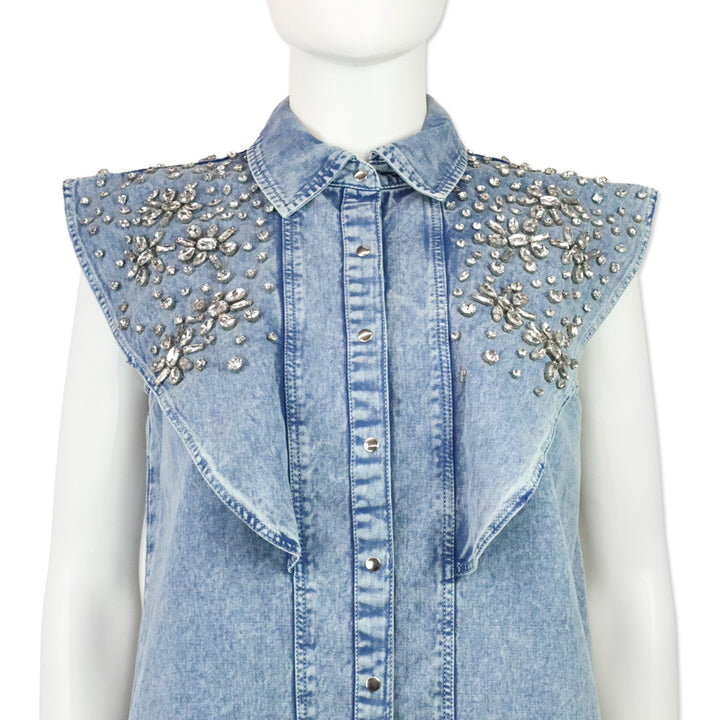 Let Me Be Crystal Embellished Denim Flutter Sleeve Top