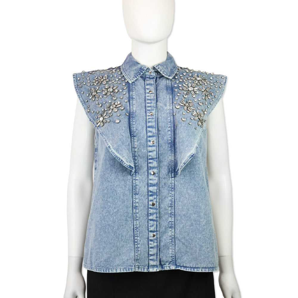 Let Me Be Crystal Embellished Denim Flutter Sleeve Top