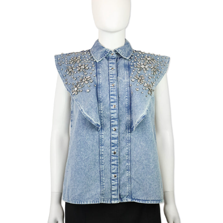 Let Me Be Crystal Embellished Denim Flutter Sleeve Top