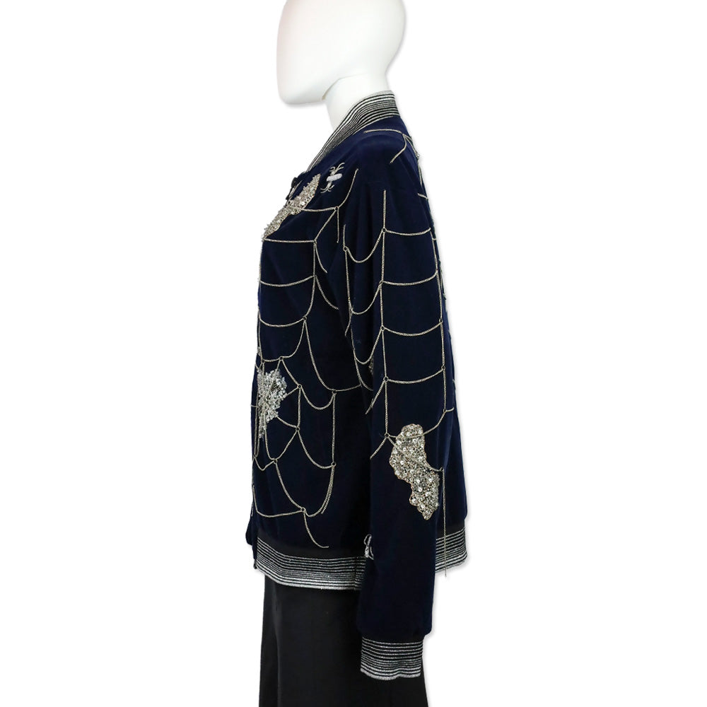 Libertine Navy Velvet Crystal Beaded Chain Spiderweb Bomber Jacket
