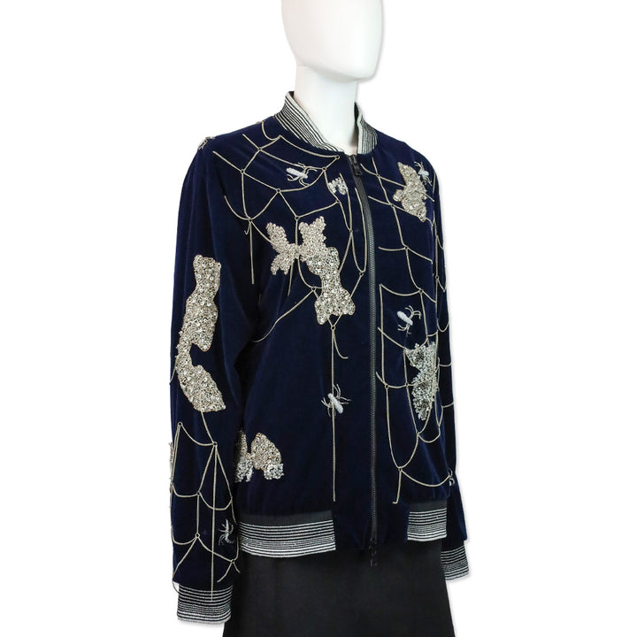 Libertine Navy Velvet Crystal Beaded Chain Spiderweb Bomber Jacket