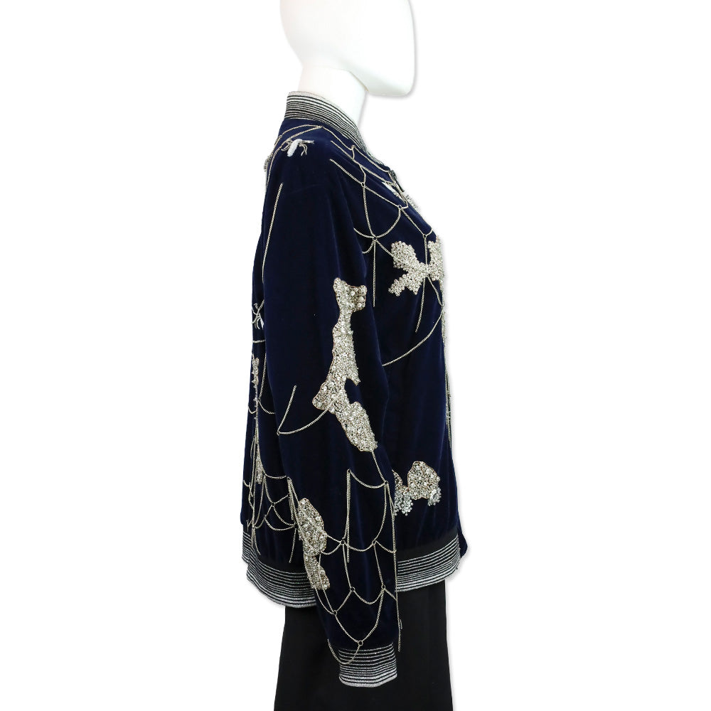 Libertine Navy Velvet Crystal Beaded Chain Spiderweb Bomber Jacket