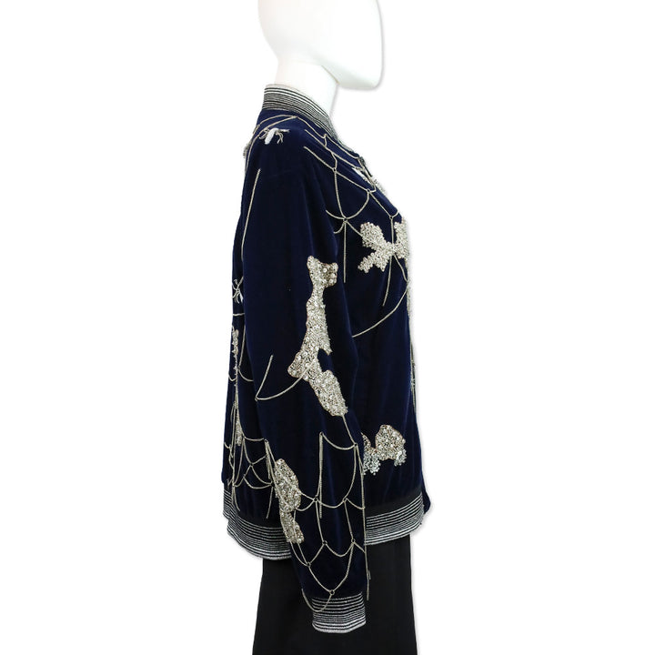 Libertine Navy Velvet Crystal Beaded Chain Spiderweb Bomber Jacket