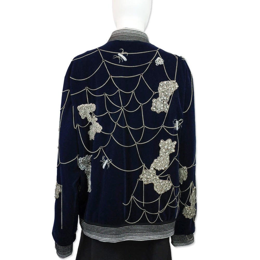 Libertine Navy Velvet Crystal Beaded Chain Spiderweb Bomber Jacket