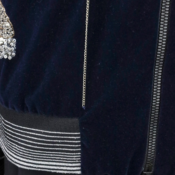 Libertine Navy Velvet Crystal Beaded Chain Spiderweb Bomber Jacket