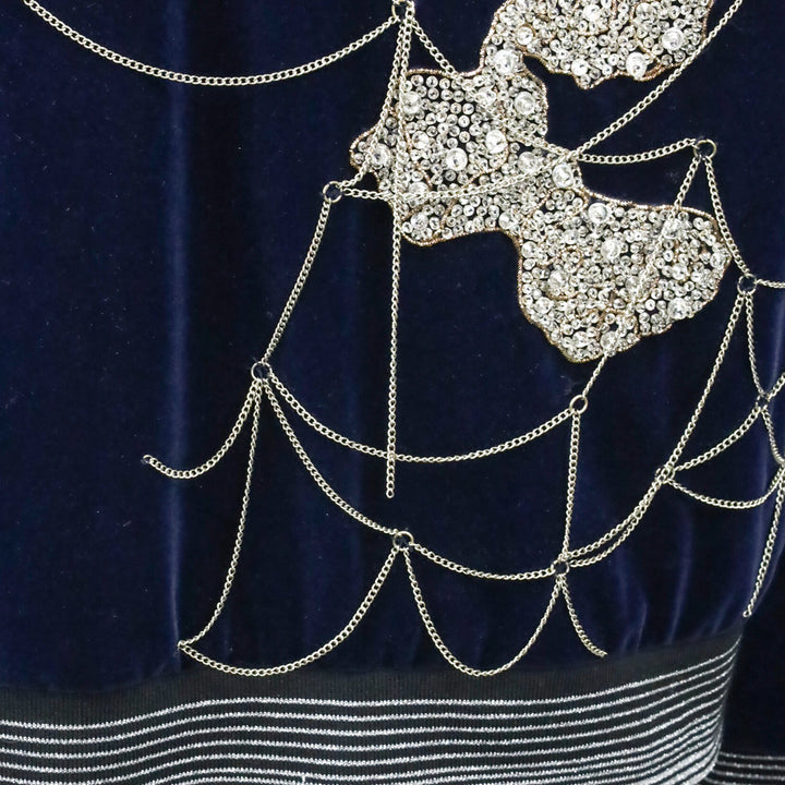 Libertine Navy Velvet Crystal Beaded Chain Spiderweb Bomber Jacket