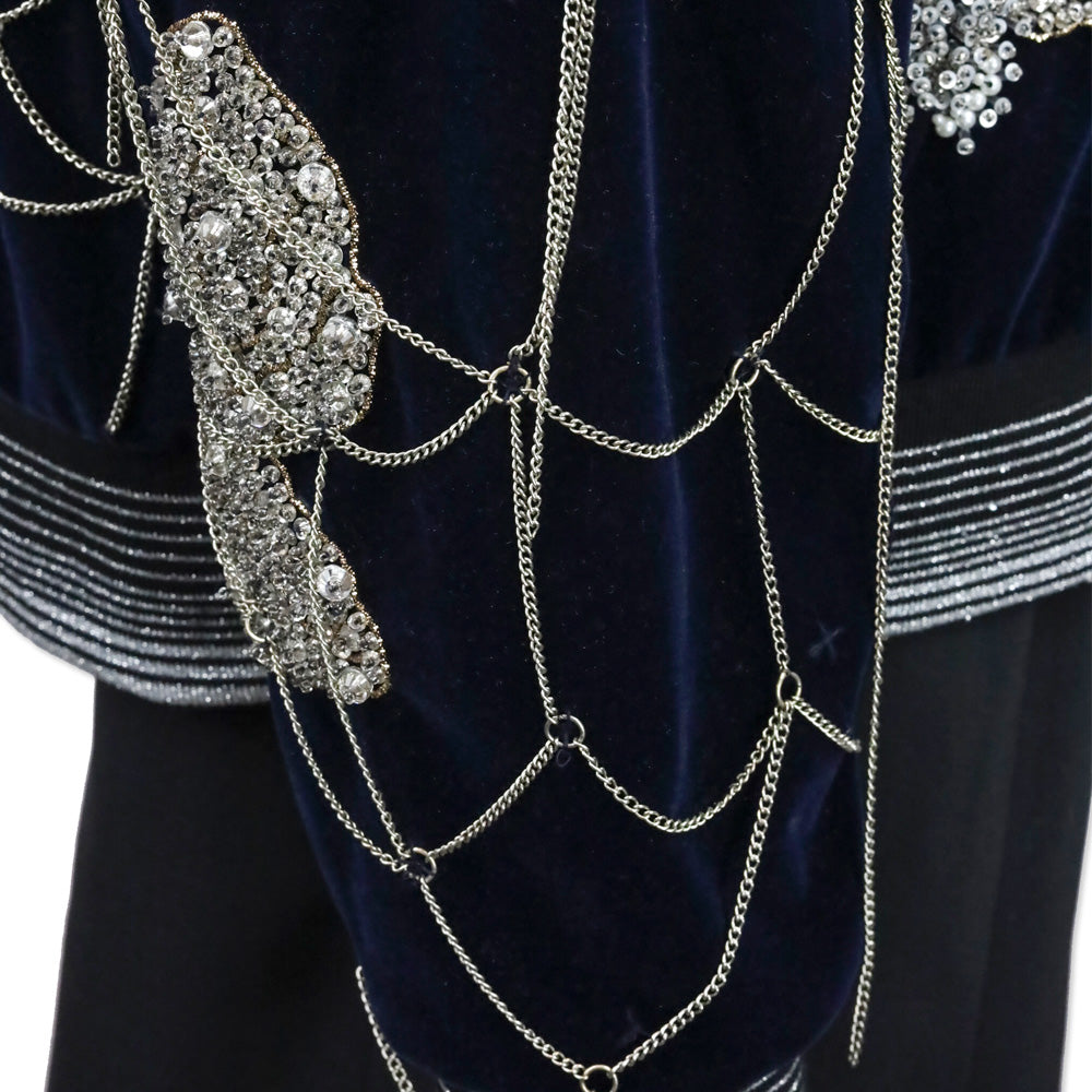 Libertine Navy Velvet Crystal Beaded Chain Spiderweb Bomber Jacket