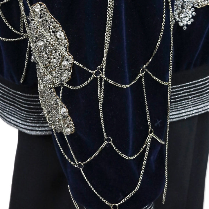 Libertine Navy Velvet Crystal Beaded Chain Spiderweb Bomber Jacket