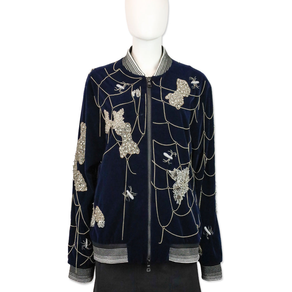 Libertine Navy Velvet Crystal Beaded Chain Spiderweb Bomber Jacket