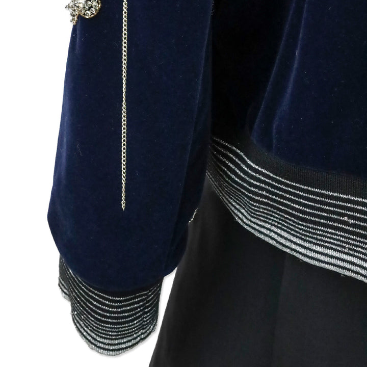 Libertine Navy Velvet Crystal Beaded Chain Spiderweb Bomber Jacket