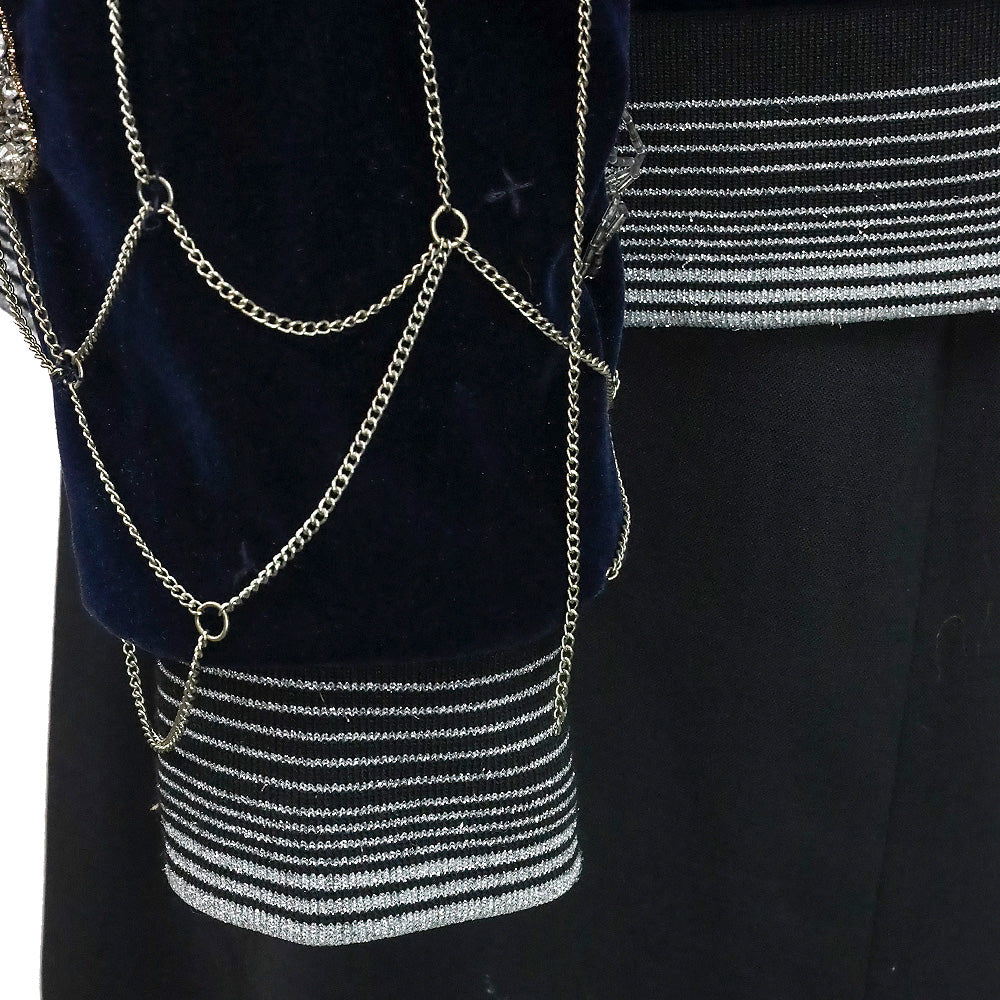 Libertine Navy Velvet Crystal Beaded Chain Spiderweb Bomber Jacket