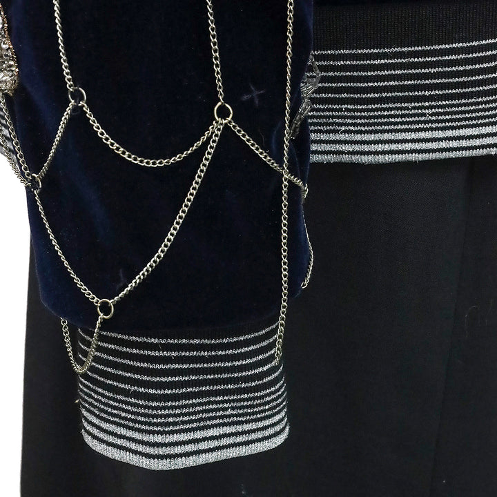 Libertine Navy Velvet Crystal Beaded Chain Spiderweb Bomber Jacket