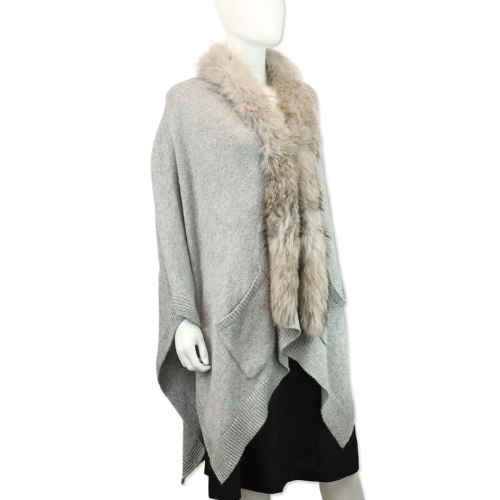 Linda Richards Grey Knit Raccoon Fur Trim Shawl Cape
