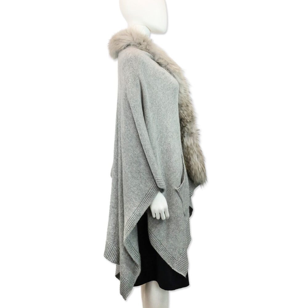 Linda Richards Grey Knit Raccoon Fur Trim Shawl Cape