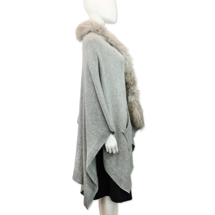 Linda Richards Grey Knit Raccoon Fur Trim Shawl Cape
