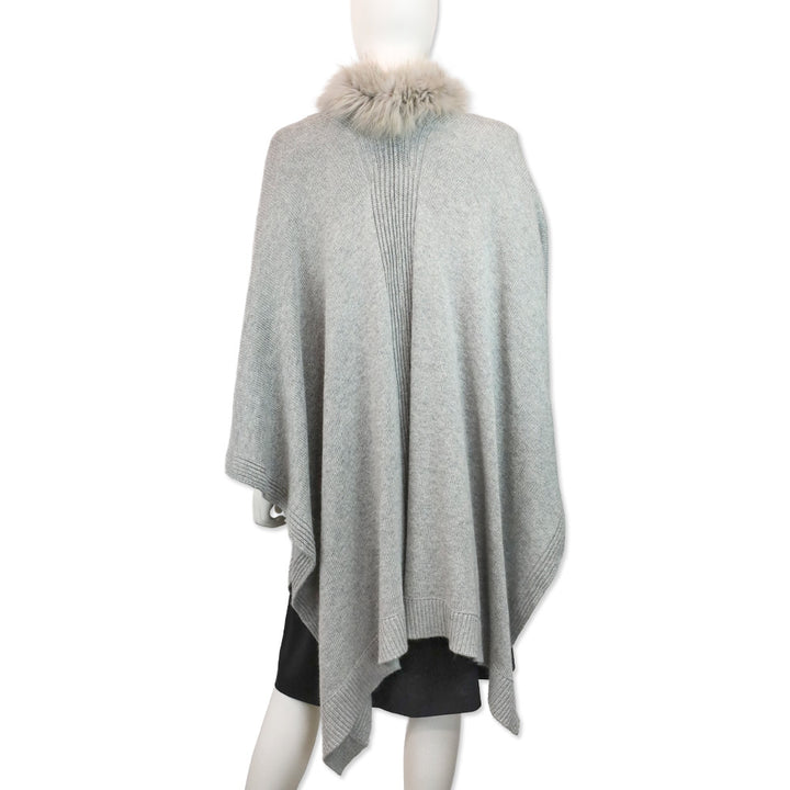 Linda Richards Grey Knit Raccoon Fur Trim Shawl Cape