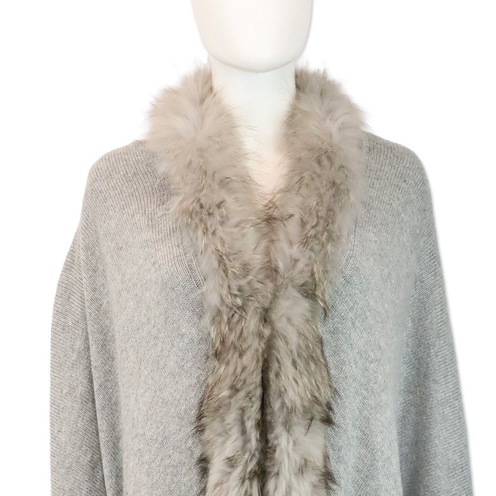 Linda Richards Grey Knit Raccoon Fur Trim Shawl Cape