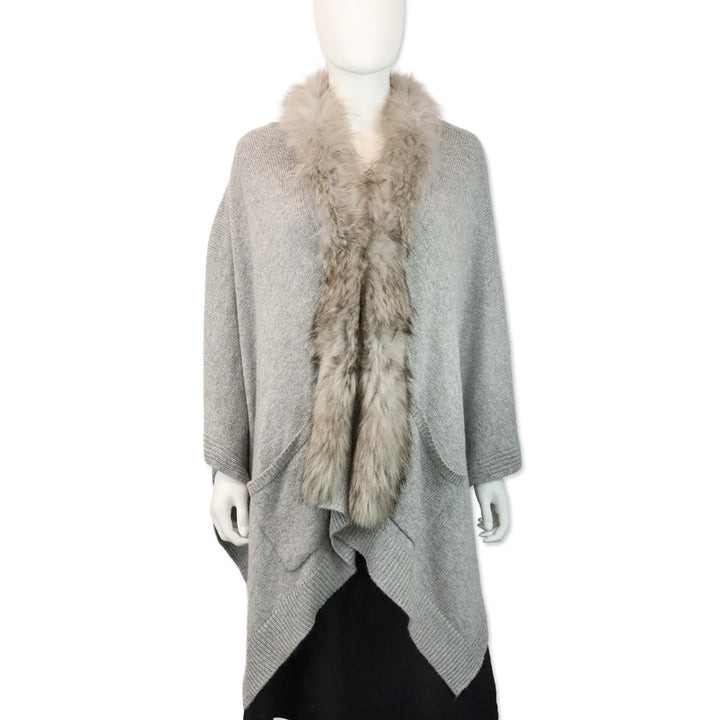 Linda Richards Grey Knit Raccoon Fur Trim Shawl Cape