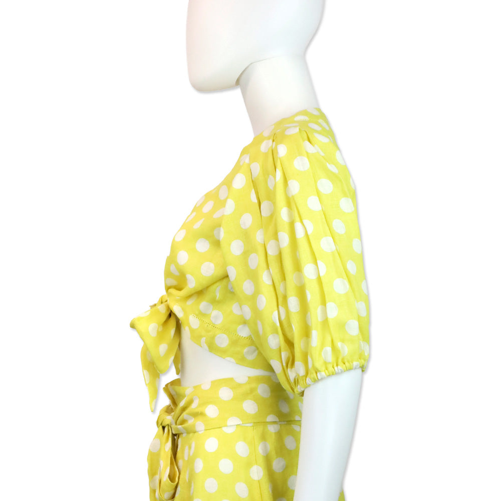 Lisa Marie Fernandez Yellow Polka Dot Pouf Linen Tie Front Blouse